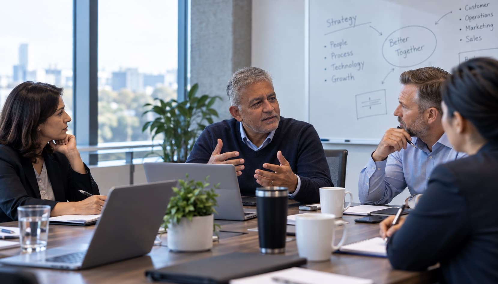 A leadership team in discussion around a boardroom table, whiteboard behind them